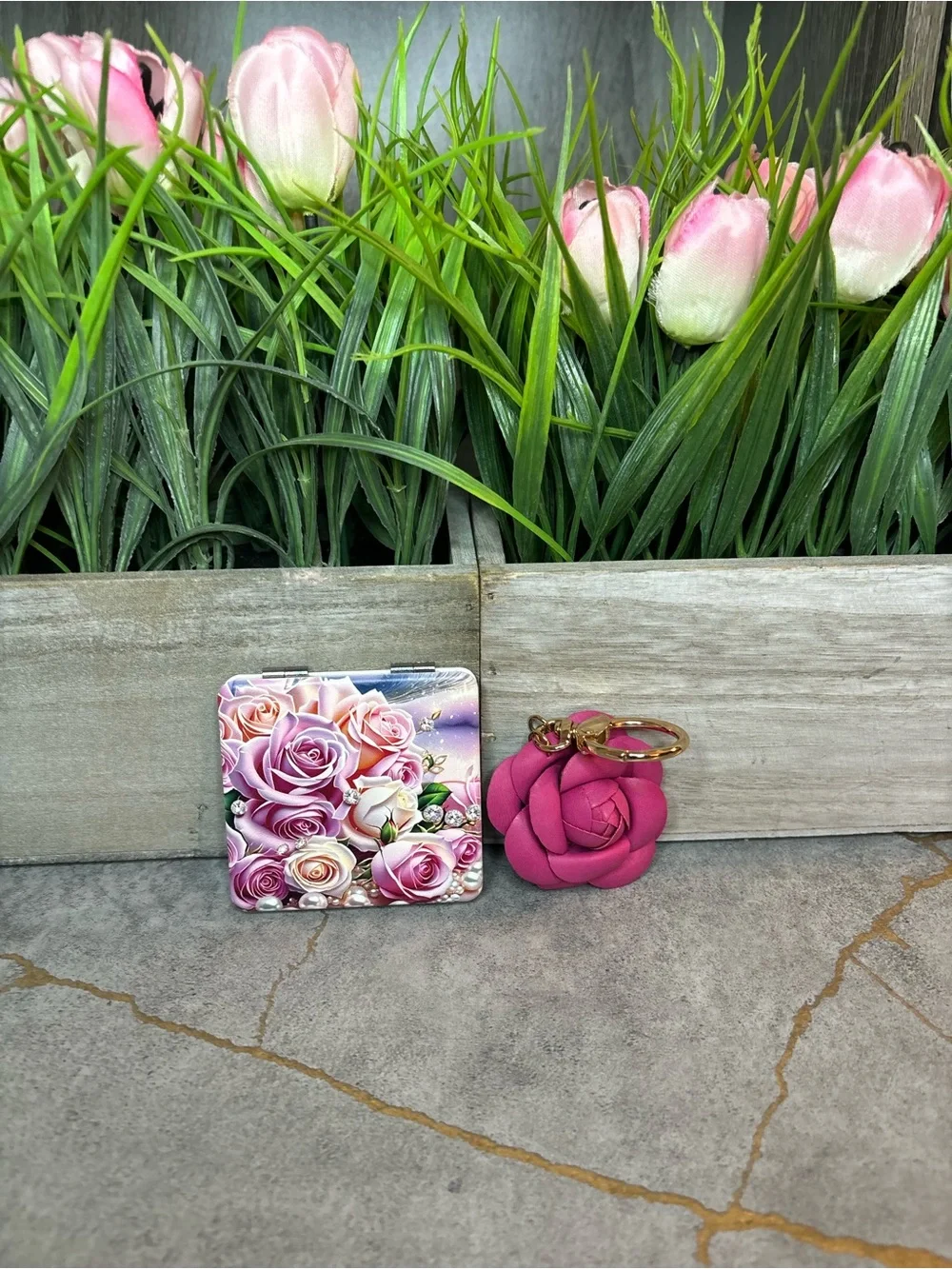 Pink Rose Key & Card Holder Set with Floral Compact and Rose Keyring